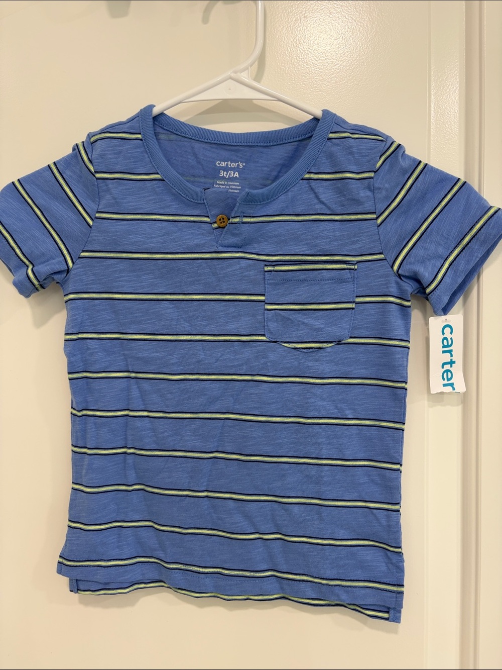 NEW NWT Carter's 3T Blue Tee with Green & Navy Stripes and Pocket